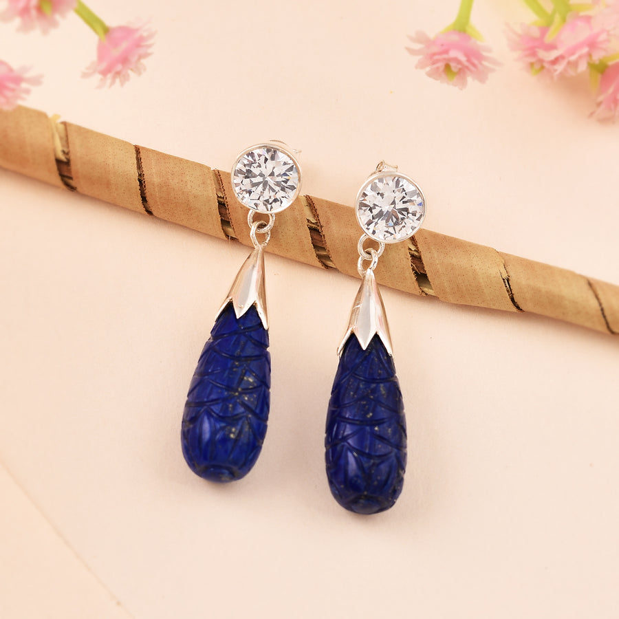 Blue Carving Stone Dangle Drop 925 Silver Earrings