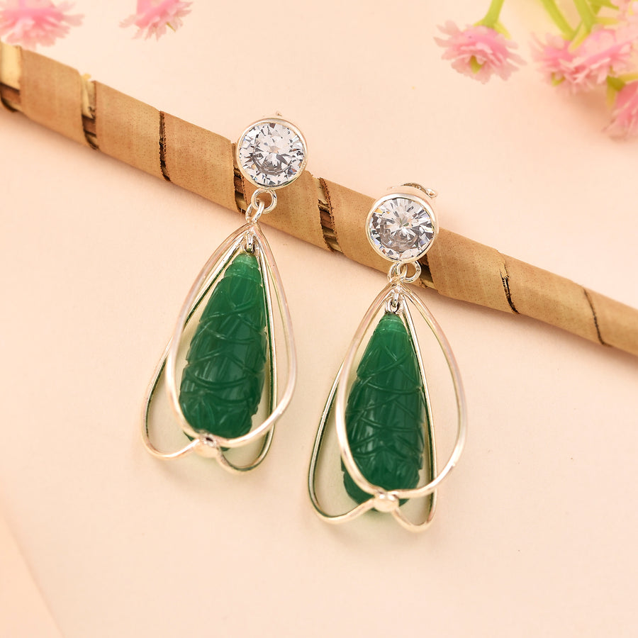 Green Carving Stone Dangle Drop 925 Silver Earrings
