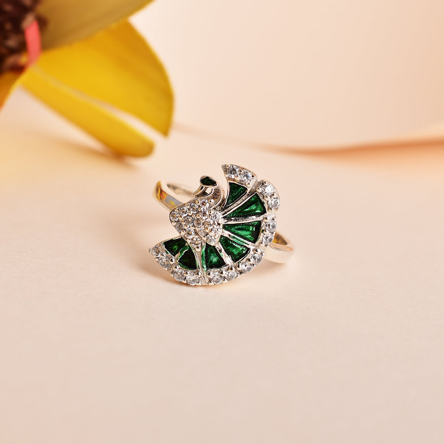 Green Enamel 925 Silver Peacock Ring