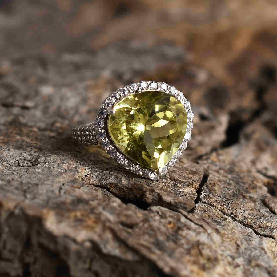 Green Gold Zircon Engagement Silver Ring