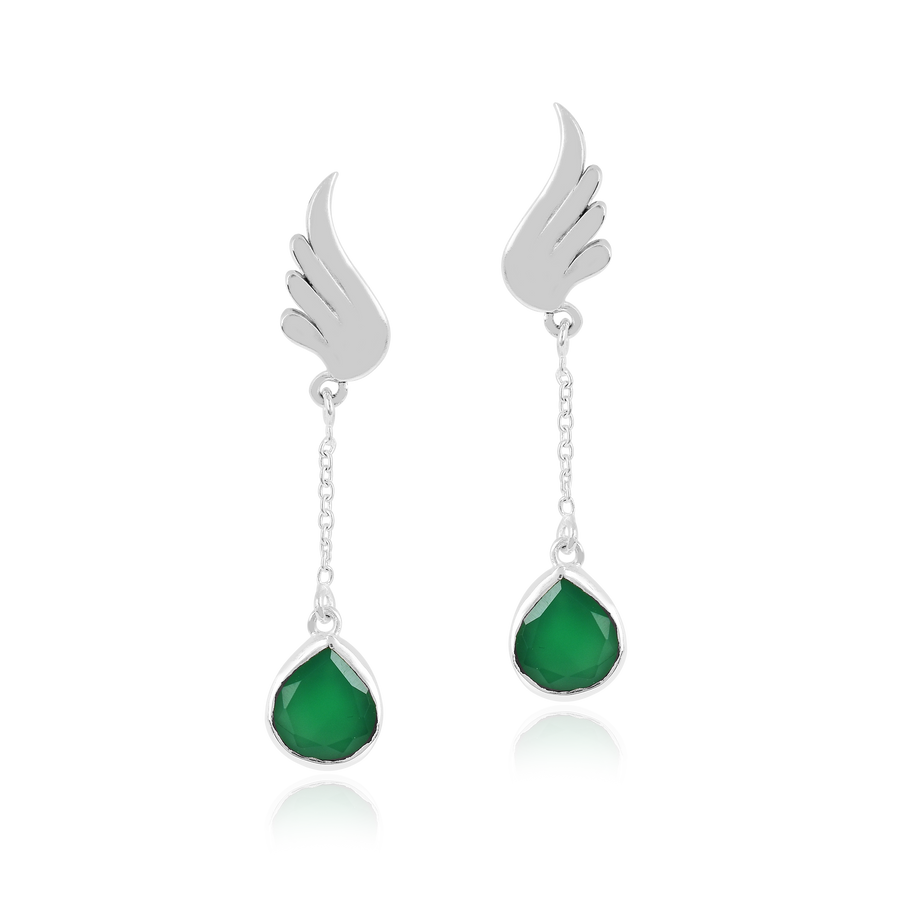 Angel Fly Green Onyx Silver Drop Earrings