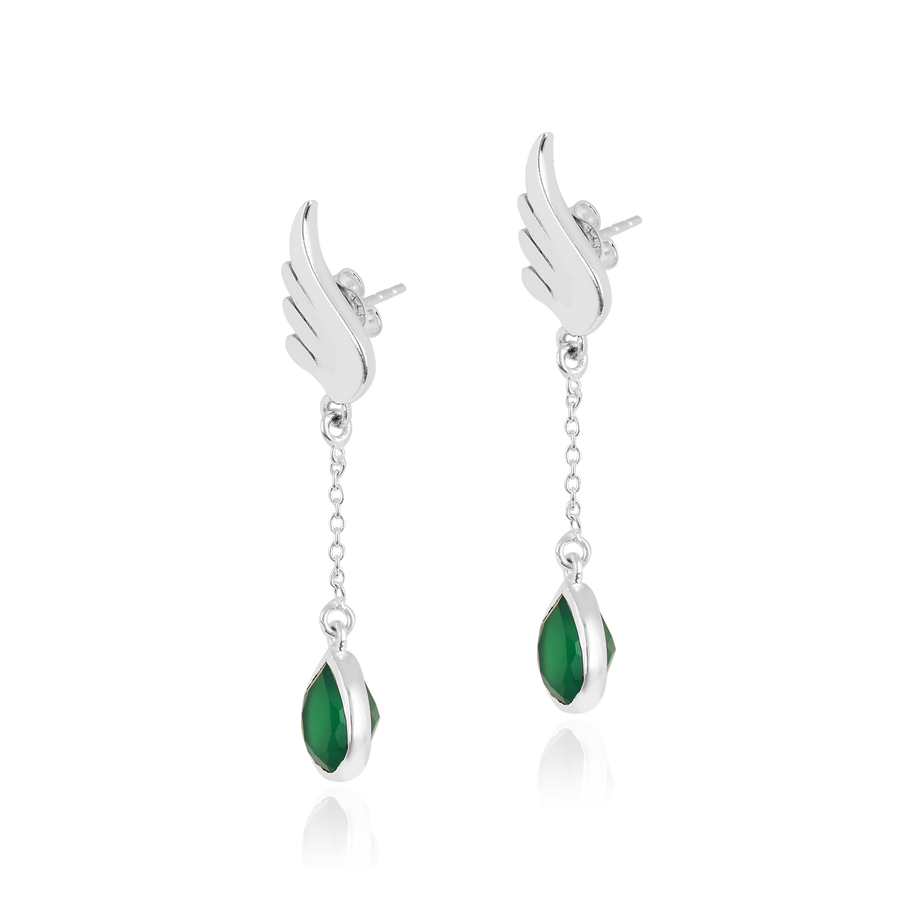 Angel Fly Green Onyx Silver Drop Earrings