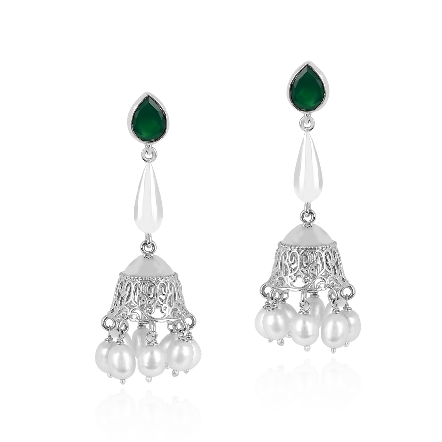 Green Onyx Pearl Silver Jhumka Earrings