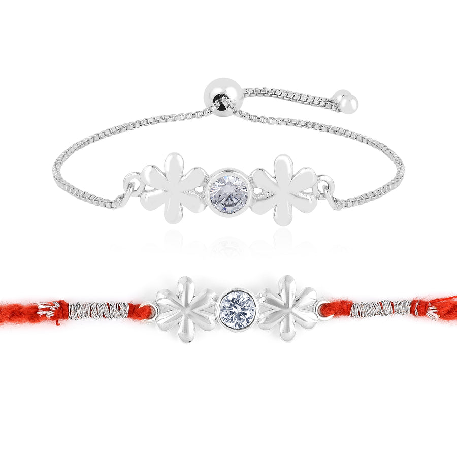 Zircon Twin Flower Silver Rakhi & Bracelet Combo