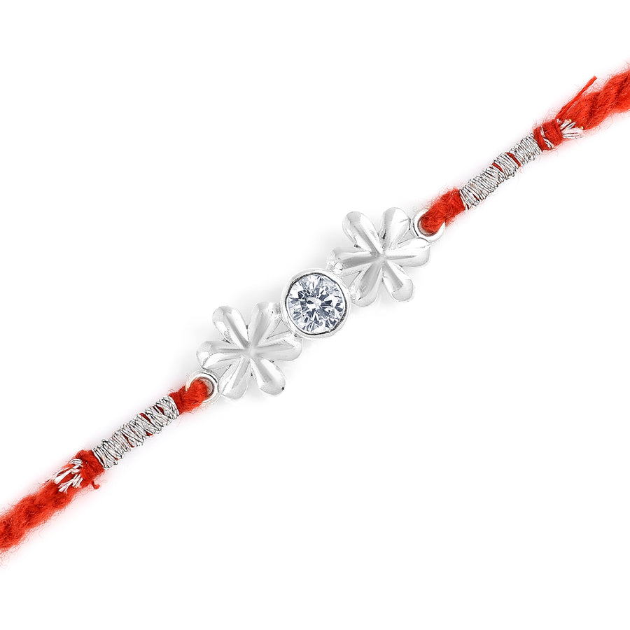 Zircon Twin Flower Silver Rakhi & Bracelet Combo