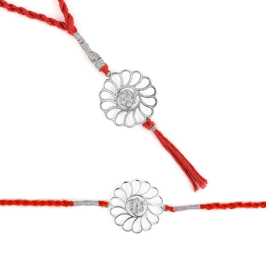 Zirconia Daisy Silver Rakhi & Bracelet Combo