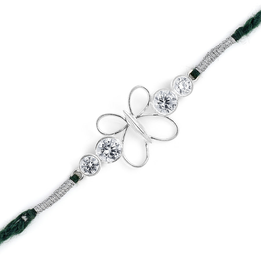 Cubic Zircon Butterfly Silver Rakhi & Bracelet Combo