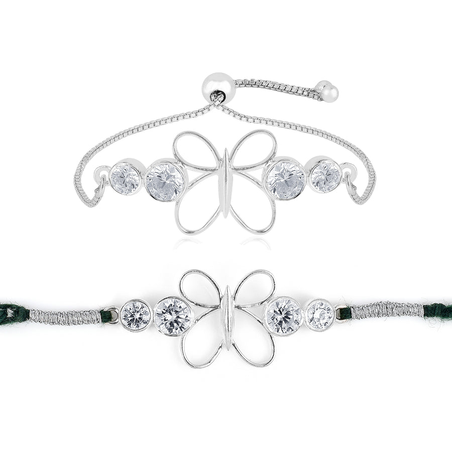 Cubic Zircon Butterfly Silver Rakhi & Bracelet Combo