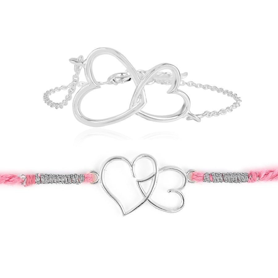 Twin Heart Silver Rakhi & Bracelet Combo