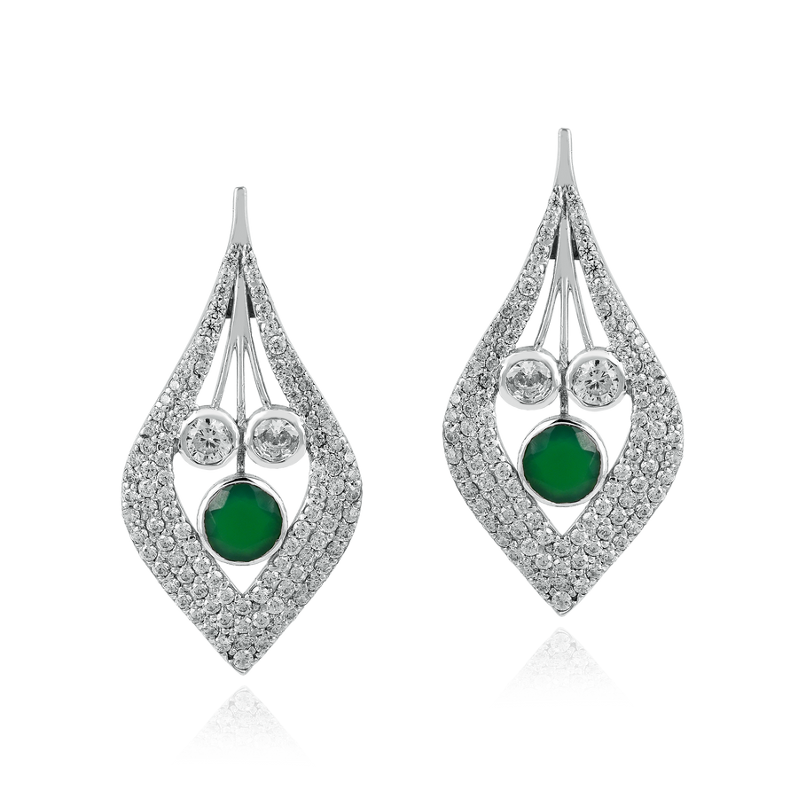 Zircon Leaf Green Onyx Silver Dangle Earrings