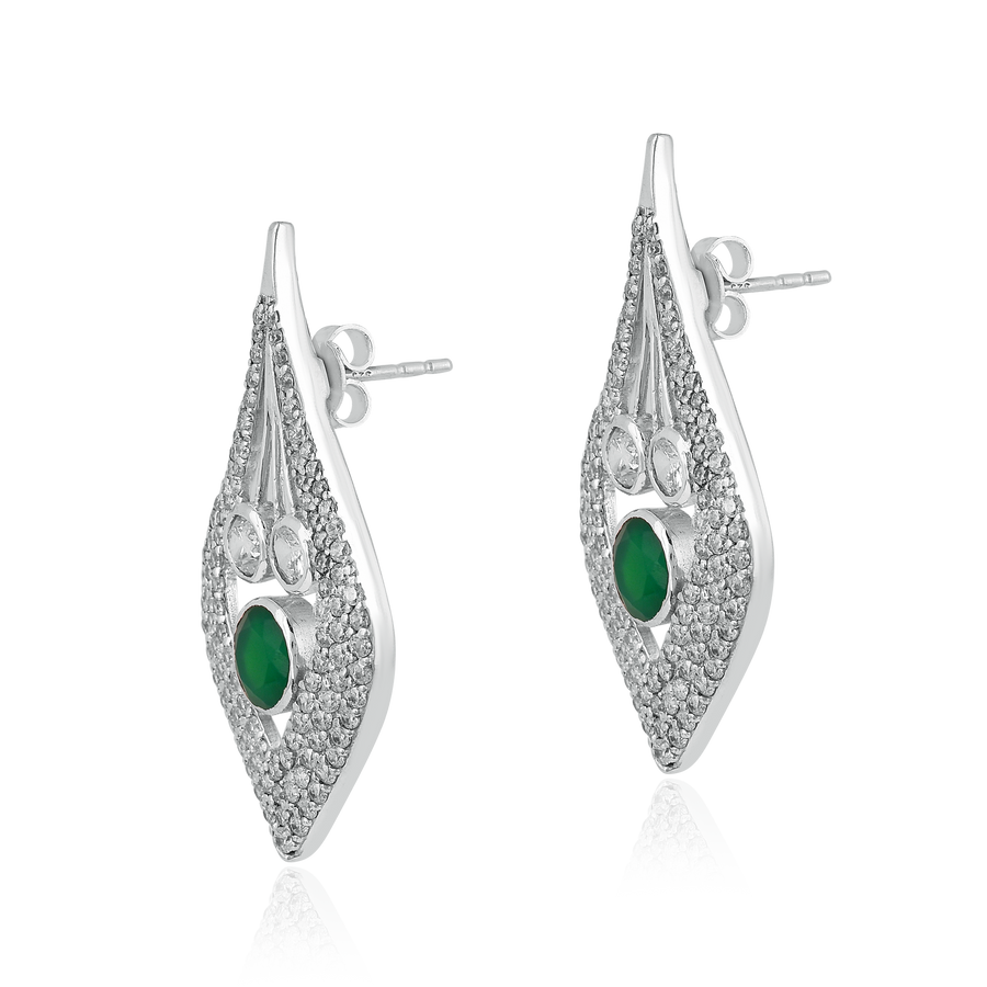 Zircon Leaf Green Onyx Silver Dangle Earrings