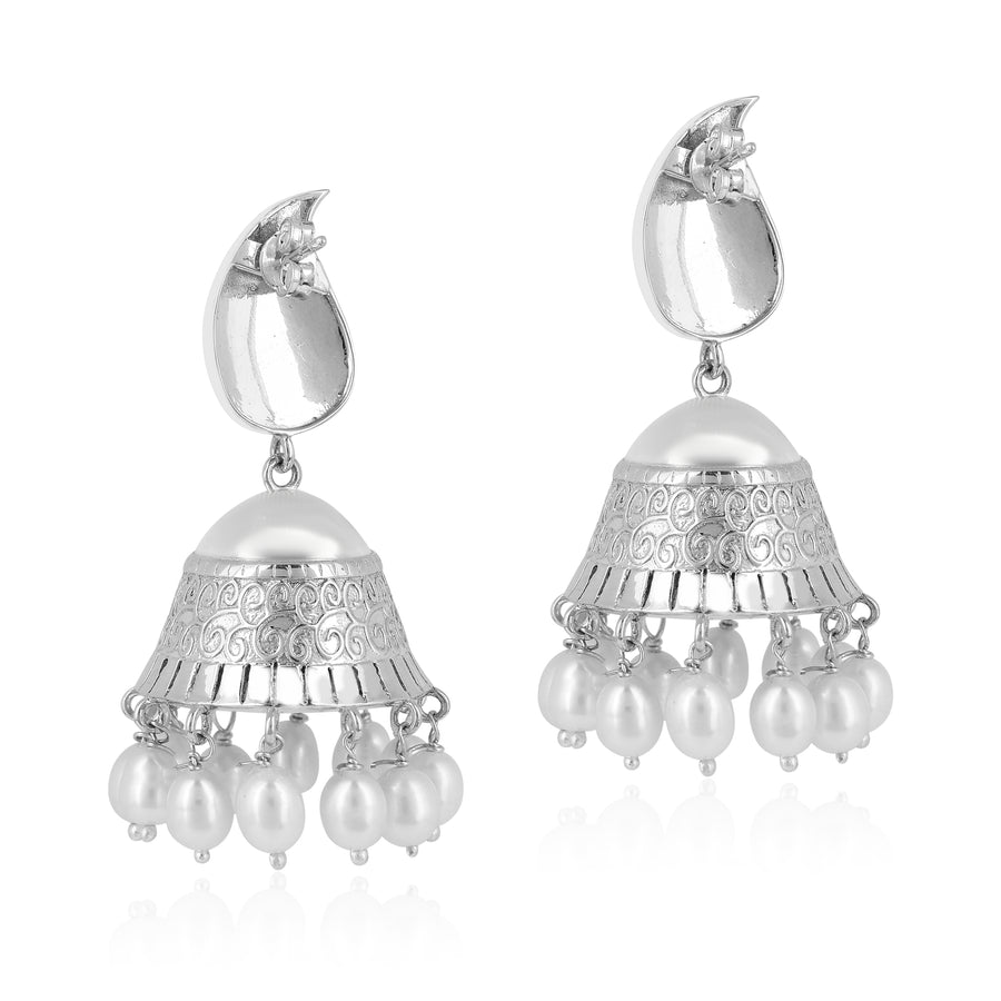 Stylish Leaf Pearl Silver Jhumka Earrings