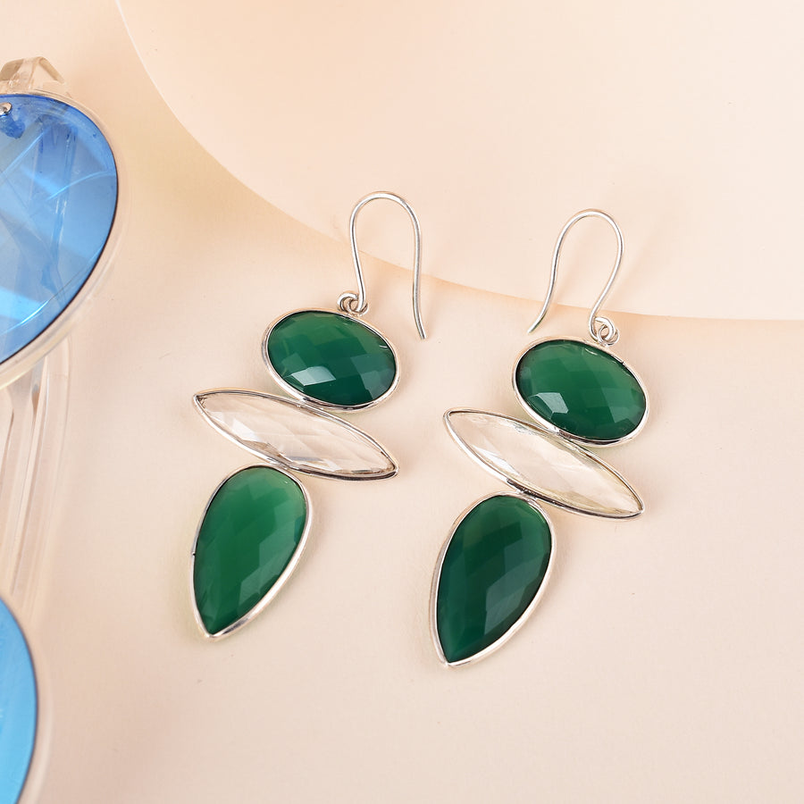 Natural Green Onyx & White Crystal Dangle Drop Earrings