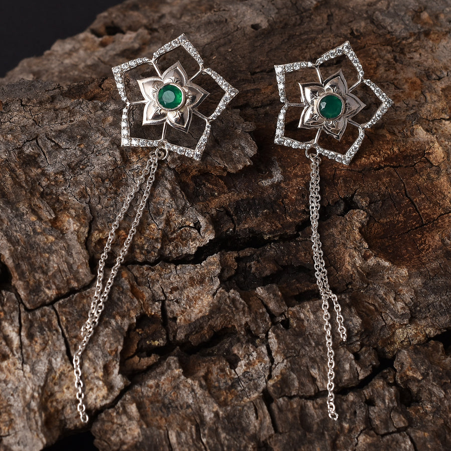 Bright Flower Green Onyx & CZ Chain Drop Earrings