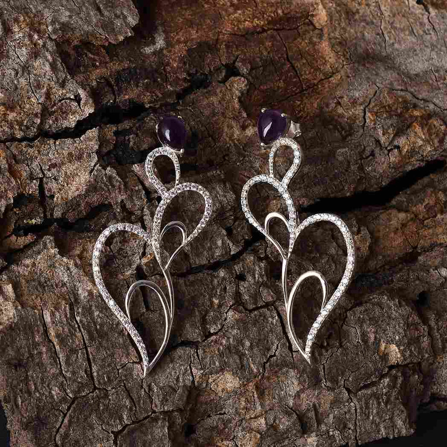 Floral Leaf Amethyst Dangle Silver Earrings