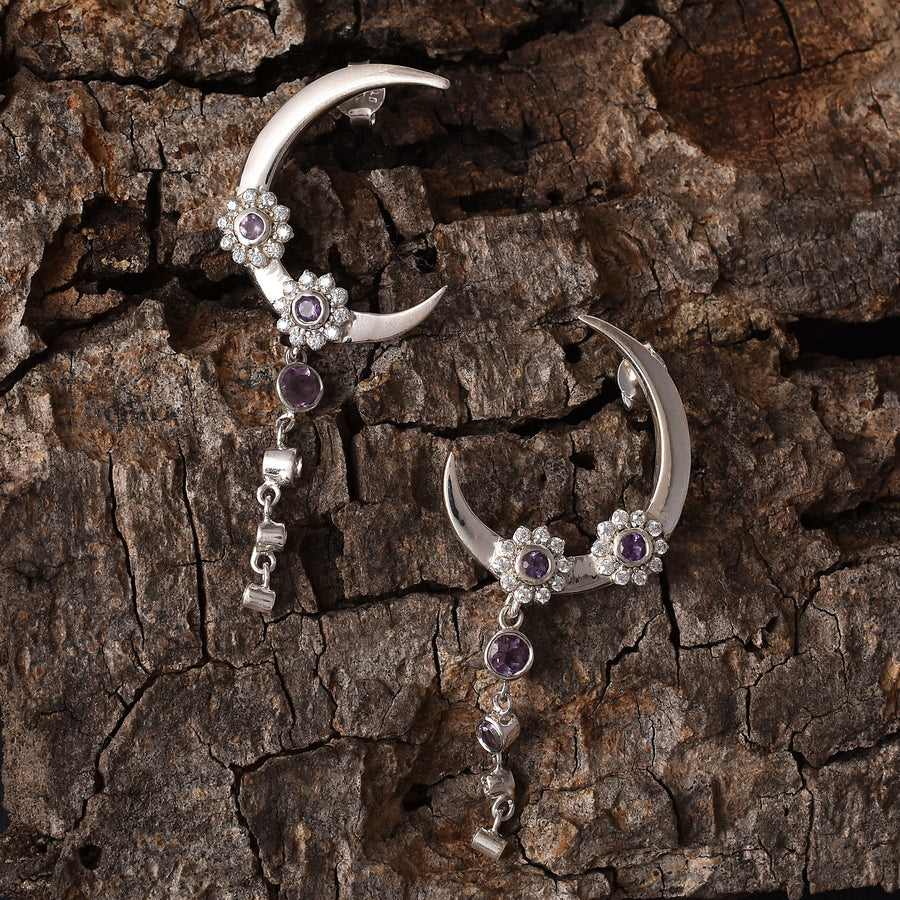 Amethyst Moon Flower Chandbali Silver Earrings