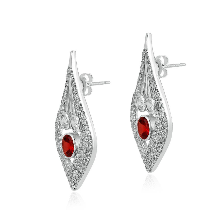 Red Garnet Leaf Silver CZ Dangle Earrings