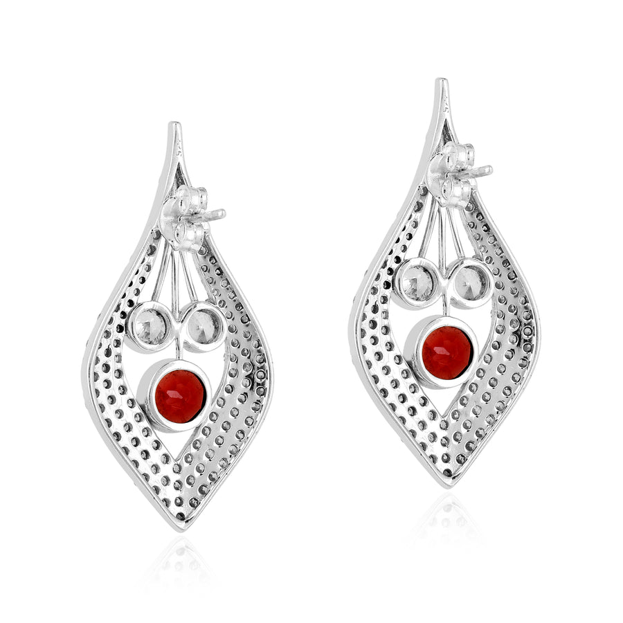 Red Garnet Leaf Silver CZ Dangle Earrings