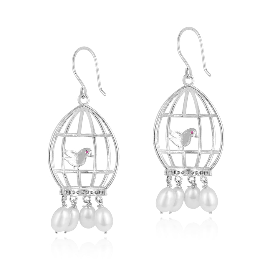 Bird Cage Pearl 925 Silver Drop Earrings