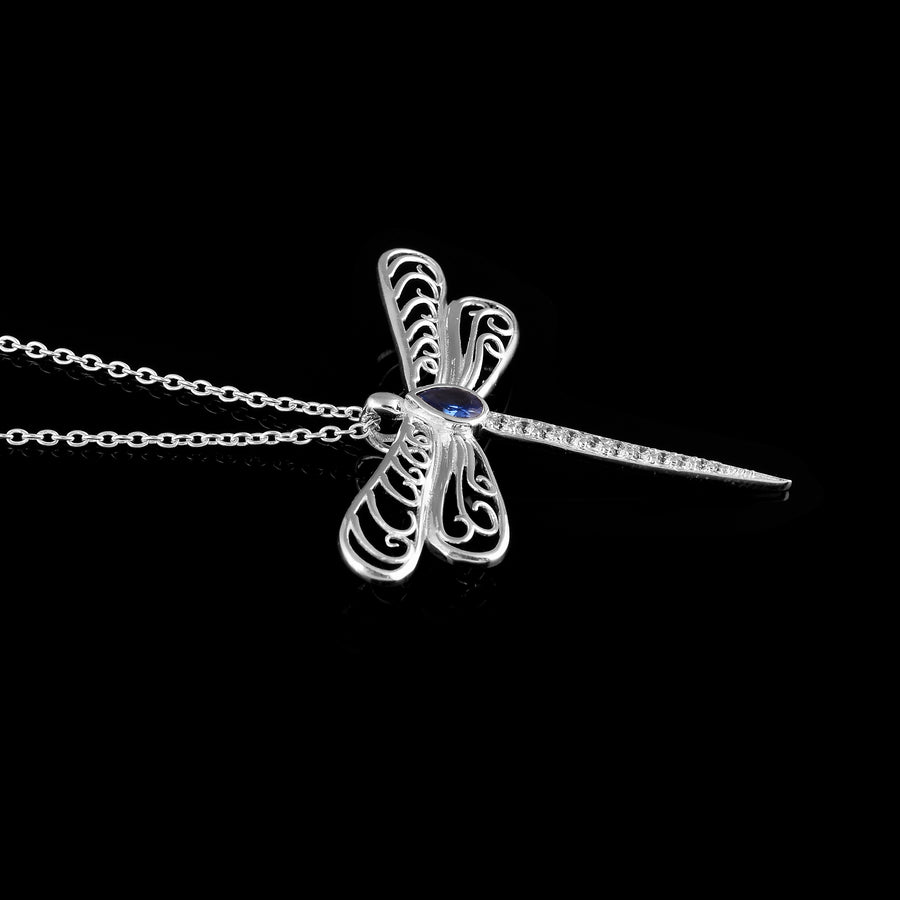 Blue Hydro Dragonfly Silver Pendant Chain