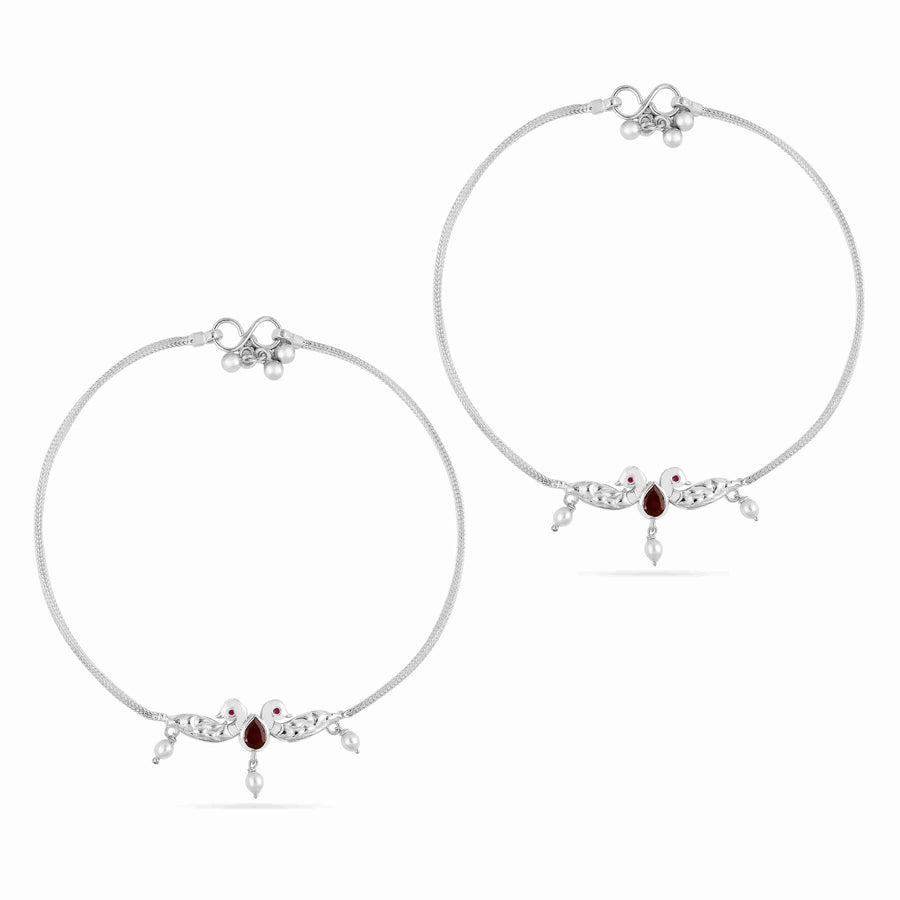 Peacock Red Garnet Pearl 925 Silver Anklet