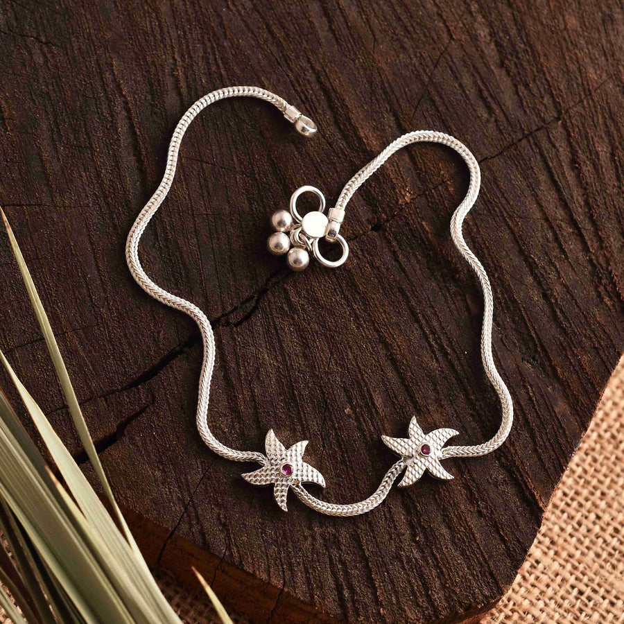 Textured Twin Star Silver Anklet