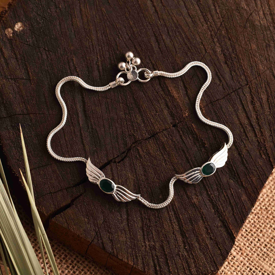 Feather Wings Green Onyx 925 Silver Anklet