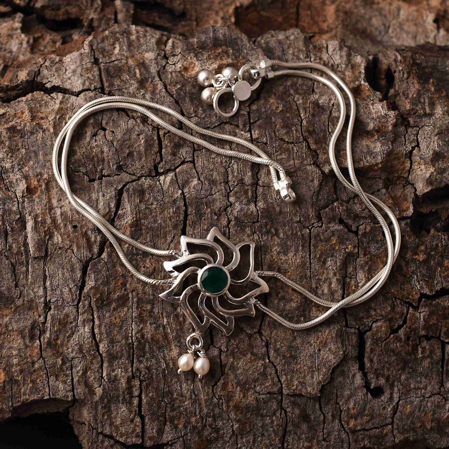 Wide Flower Pearl Green Onyx 925 SIlver Anklet