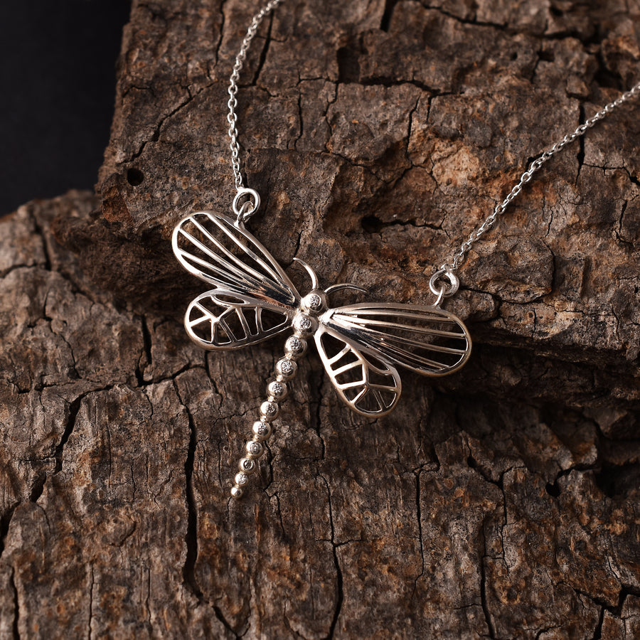 Cubic Zirconia Dragonfly Silver Pendant Chain Design