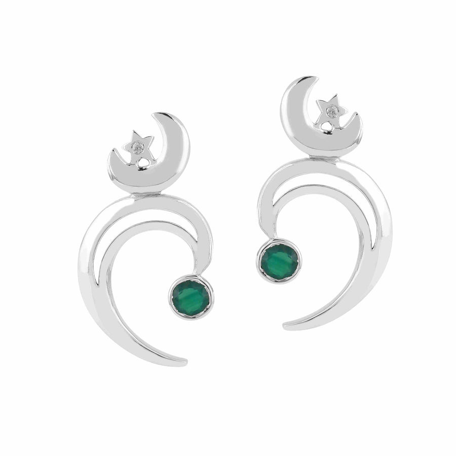 Love Green Onyx Moon Star Silver Earrings