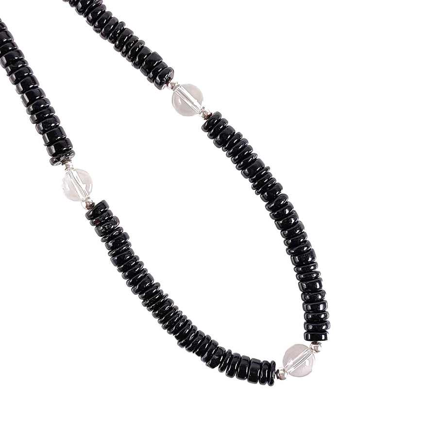 Natural Black Onyx & White Crystal Gemstone Beaded Necklace