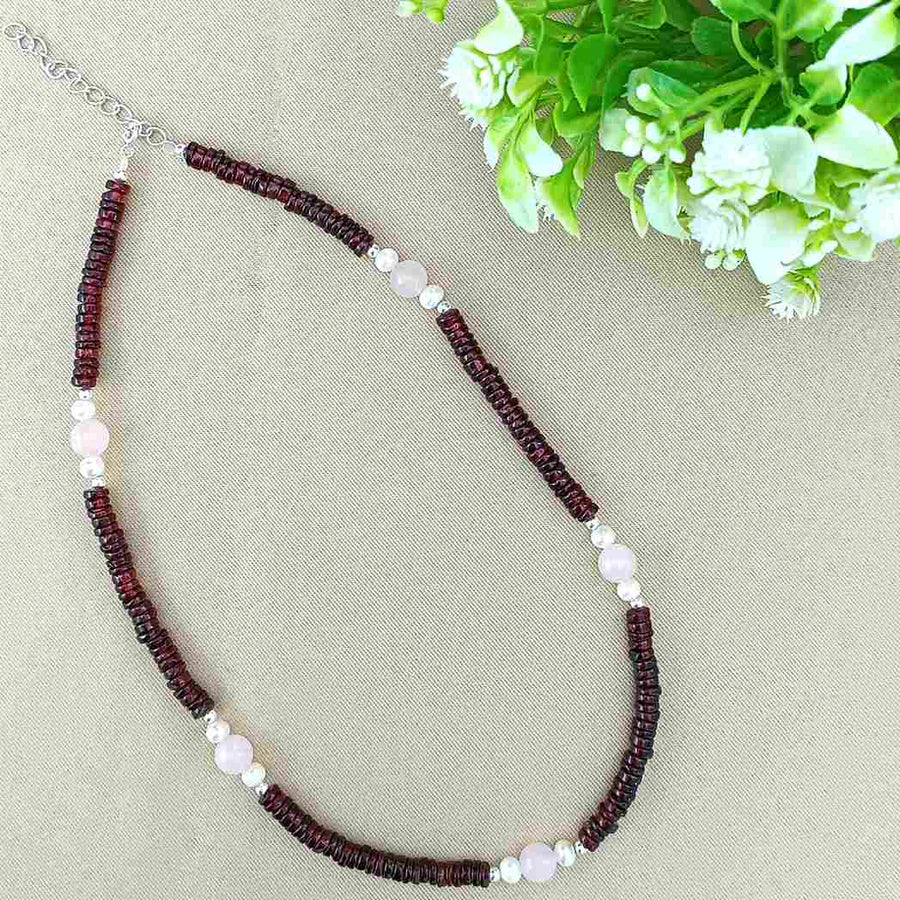 Natural Red Garnet Gemstones Silver Beaded Necklace