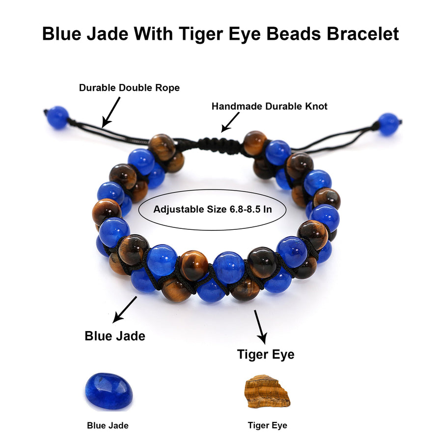 Natural Tiger Eye and Blue Jade Beads Bracelet Size