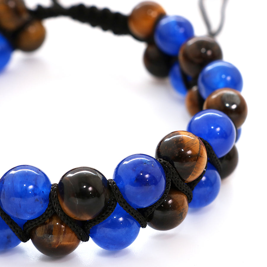 Natural Tiger Eye and Blue Jade Double Layer Hand Knitted Beads Bracelet