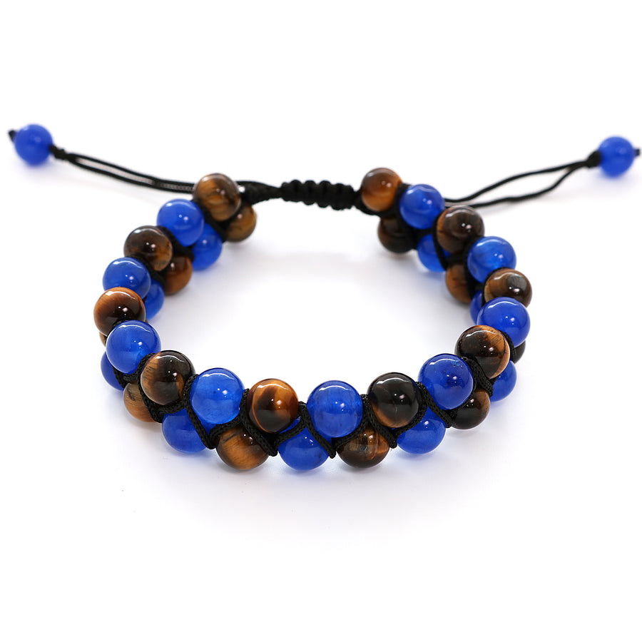 Natural Tiger Eye and Blue Jade Double Layer Hand Knitted Beads Bracelet