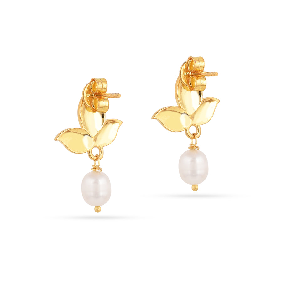 925 Silver Gold Plated Leaf Pearl Drop Earring Set2