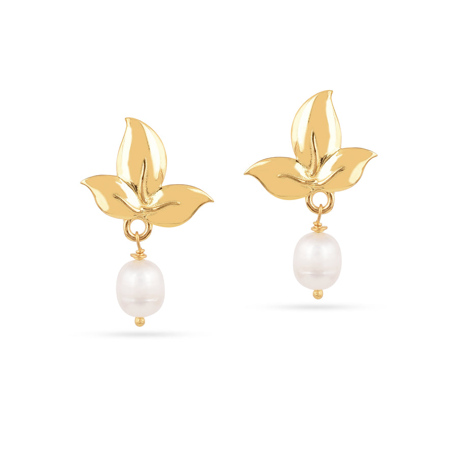925 Silver Gold Plated Leaf Pearl Drop Earring Set1