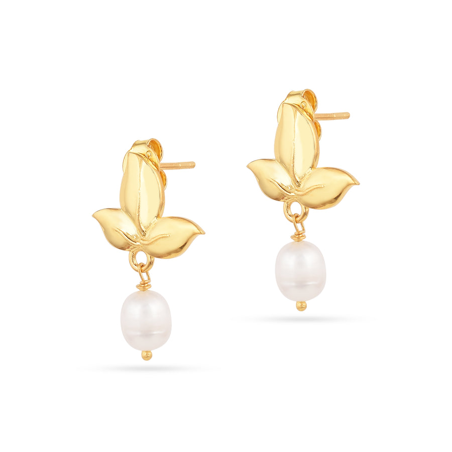 925 Silver Gold Plated Leaf Pearl Drop Earring Set3