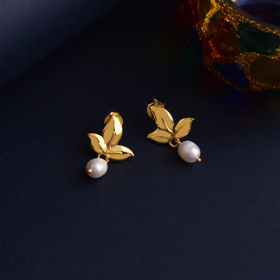 925 Silver Gold Plated Leaf Pearl Drop Earring Set