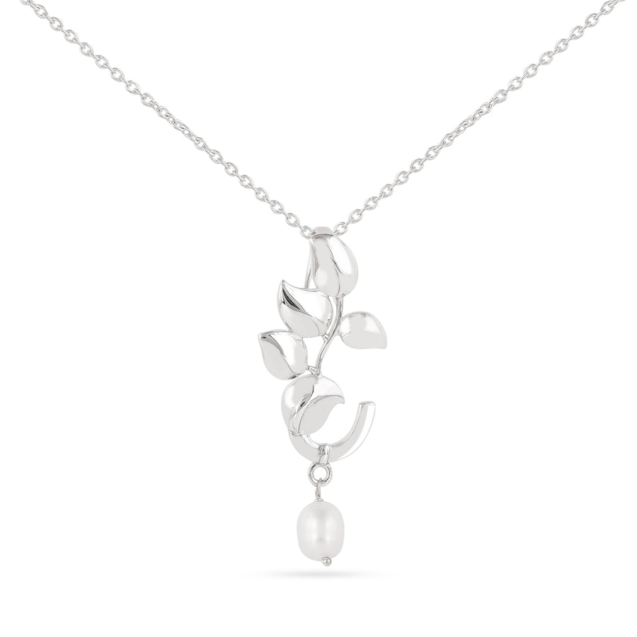 Classic Leaf Pearl Silver Pendant Necklace2