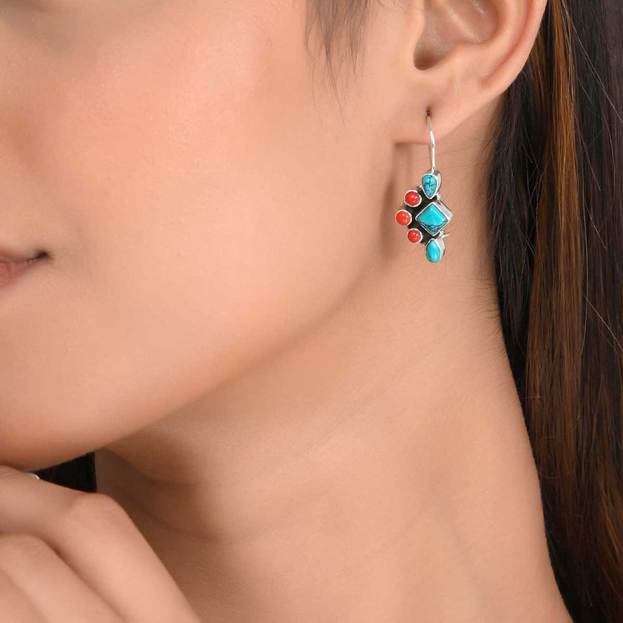 Coral Turquoise Silver Dangler Earrings2