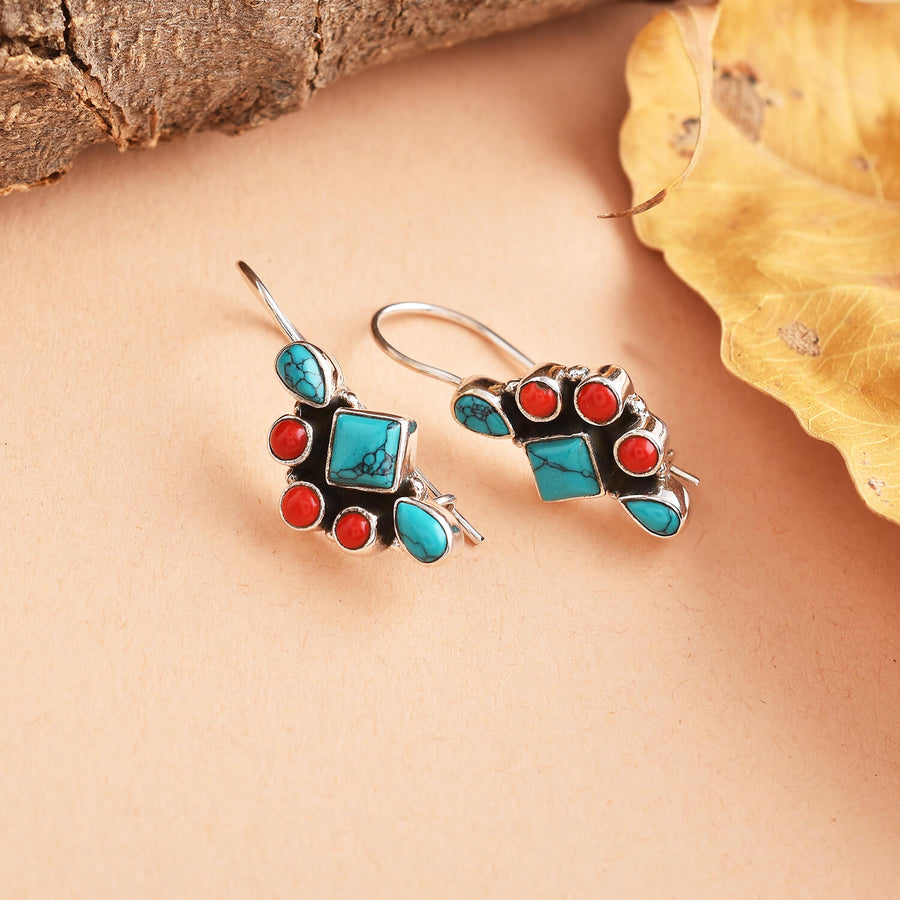 Coral Turquoise Silver Dangler Earrings