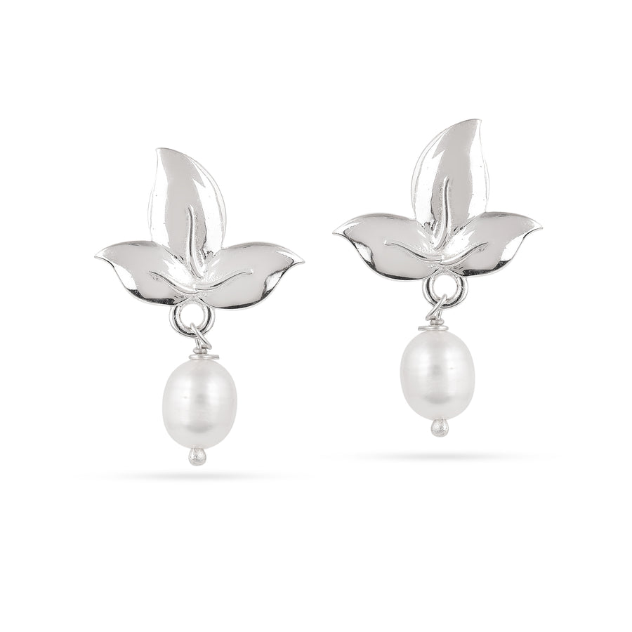 Fine Silver Leaf Pearl Stud Earring Set1