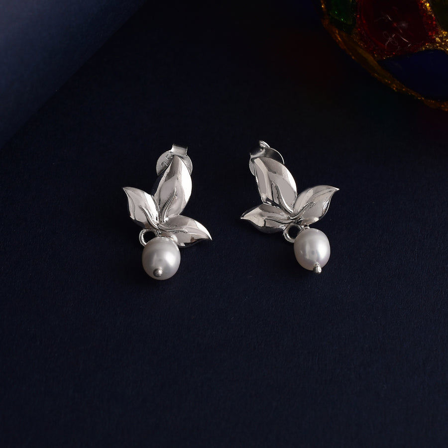 Fine Silver Leaf Pearl Stud Earring Set