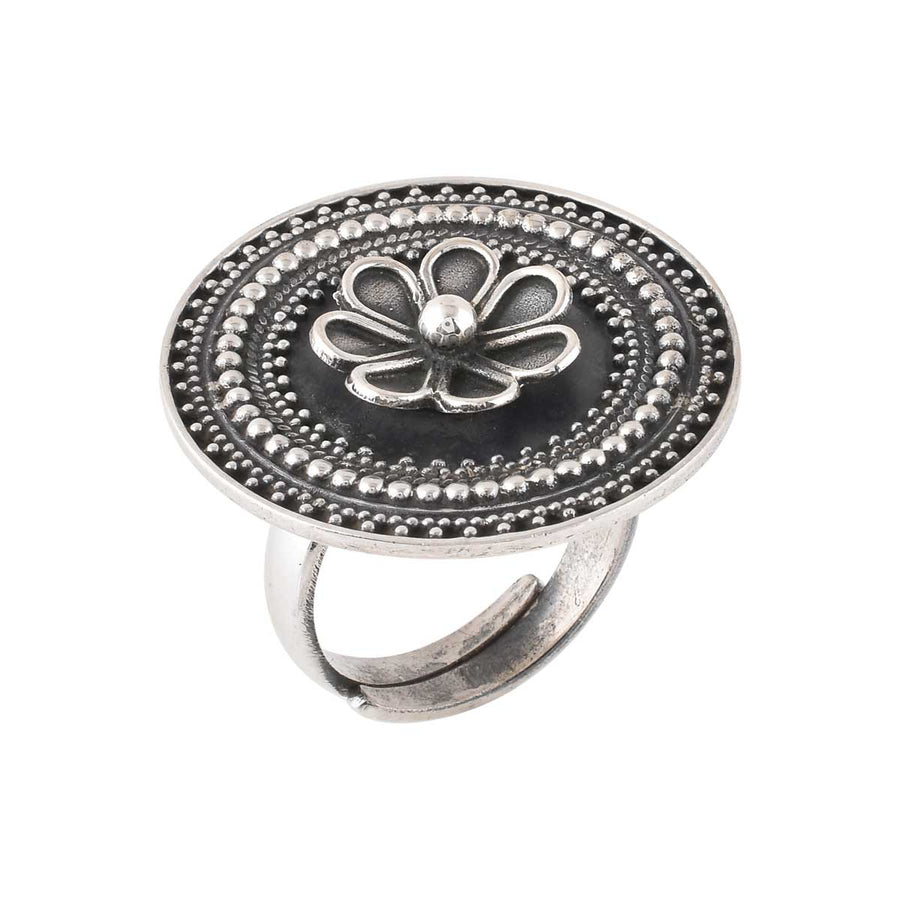 Floral Mandala Oxidised Silver Ring2