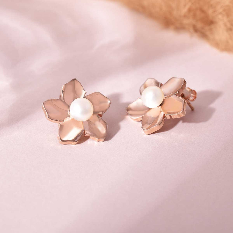 Floral Silver Pearl Stud Earrings