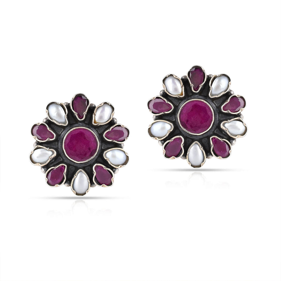Floral Ruby And Pearl Silver Earrings2