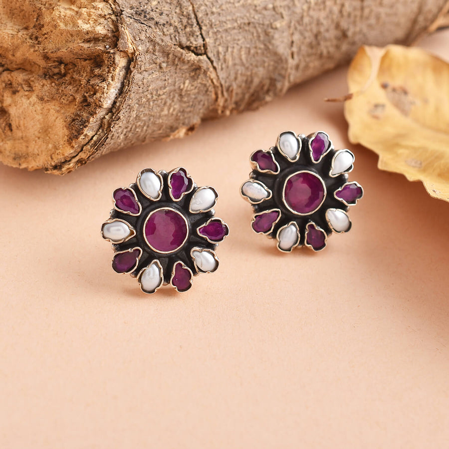 Floral Ruby And Pearl Silver Earrings