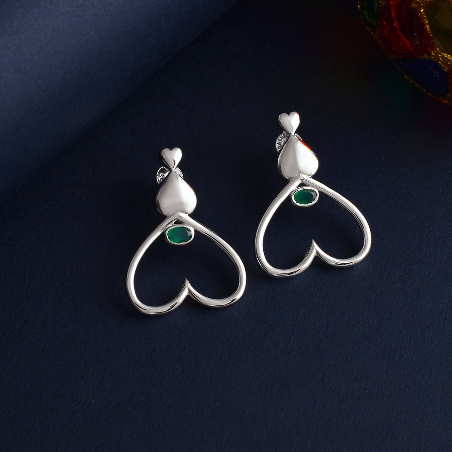 Green Onyx Heart Silver Earrings