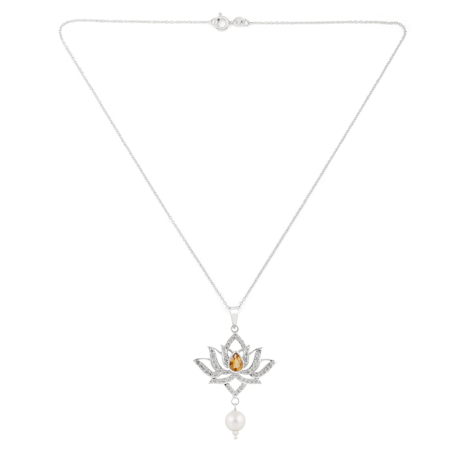 Lotus Royal Citrine Cz Silver Pearl Pendant2